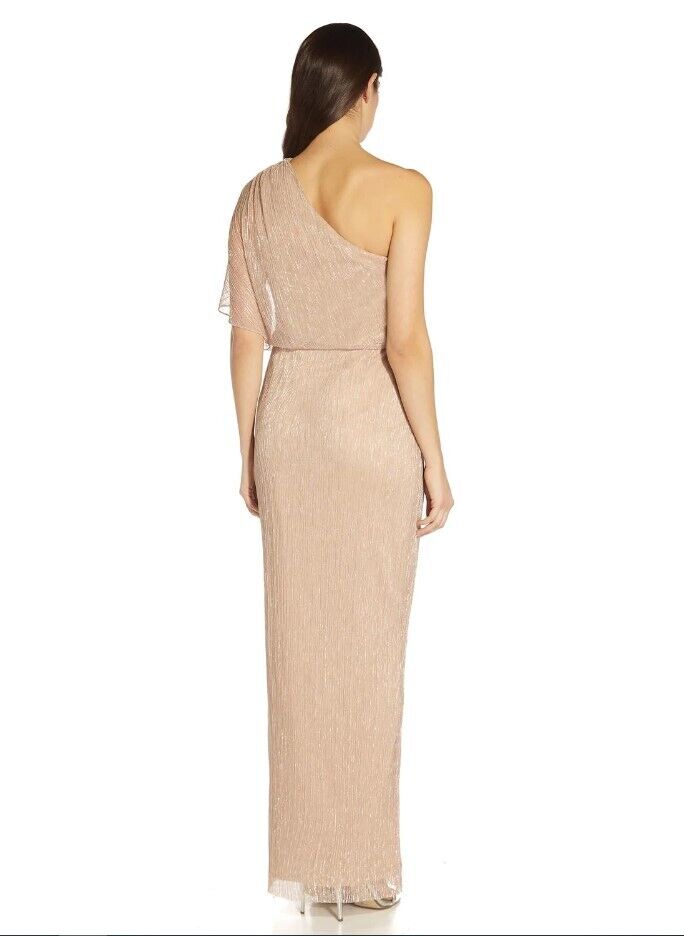 ADRIANNA PAPELL Metallic One-Shoulder Gown Metallic Mesh Brown Size 8