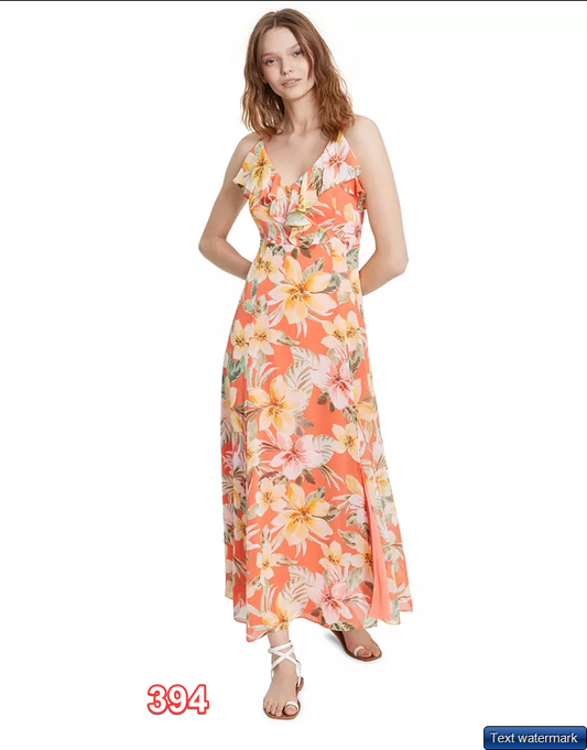 Bar III Womens Floral-Print Ruffled M Coral Fusion Combo S