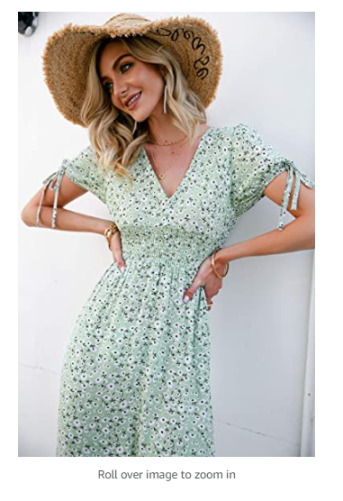 Amegoya Womens Summer Short Sleeve Floral Print Bohemian Midi Dresses 8-10 Green