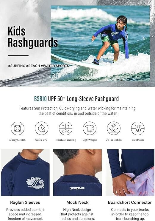 TSLA CLSX Boys UPF 50+ Rash Guard Long Sleeve, UV Sun Protection, 10/SMALL