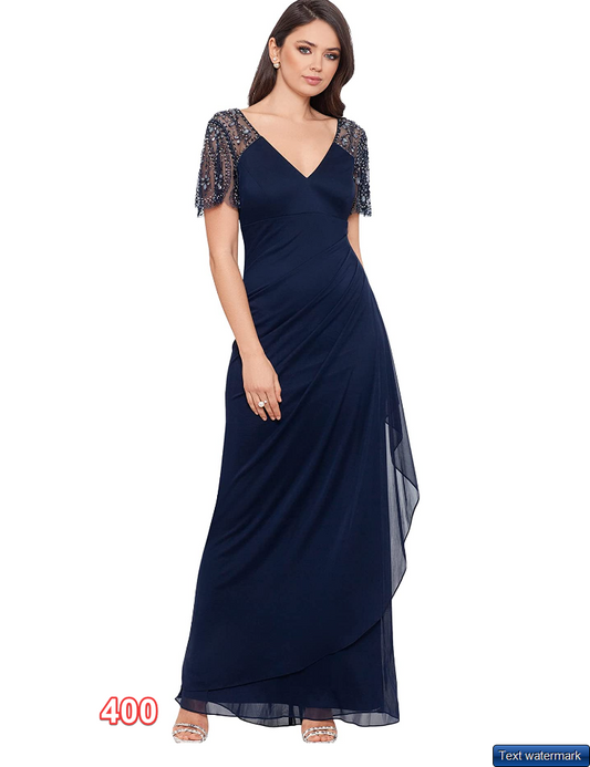 XSCAPE Long Sheer Matte Jersey Beaded Flutter Sleeve XSCAPE Women's Dress 22W