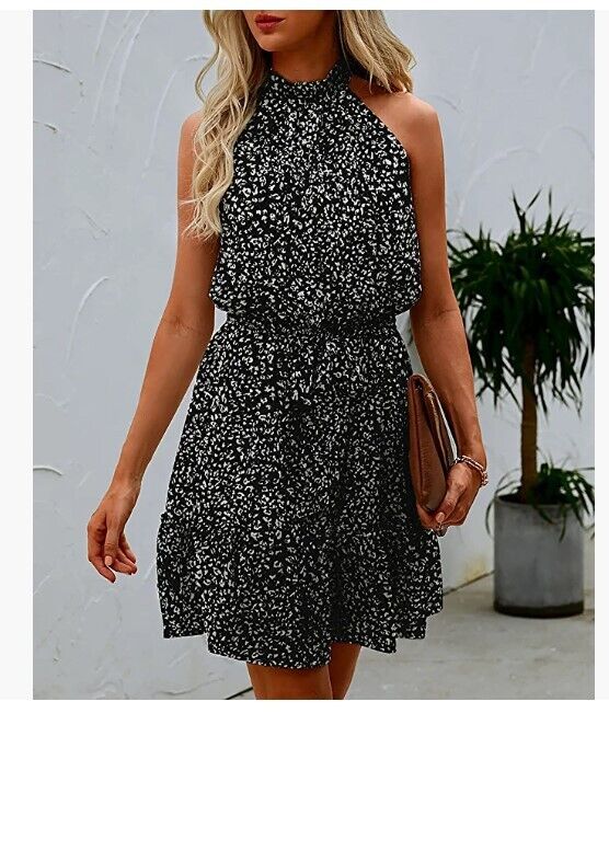 BTFBM Women Floral Sleeveless Halter Neck Ruffle Belt Polka Dot Leopard Dress S