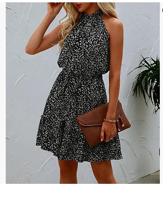 BTFBM Women Floral Sleeveless Halter Neck Ruffle Belt Polka Dot Leopard Dress S