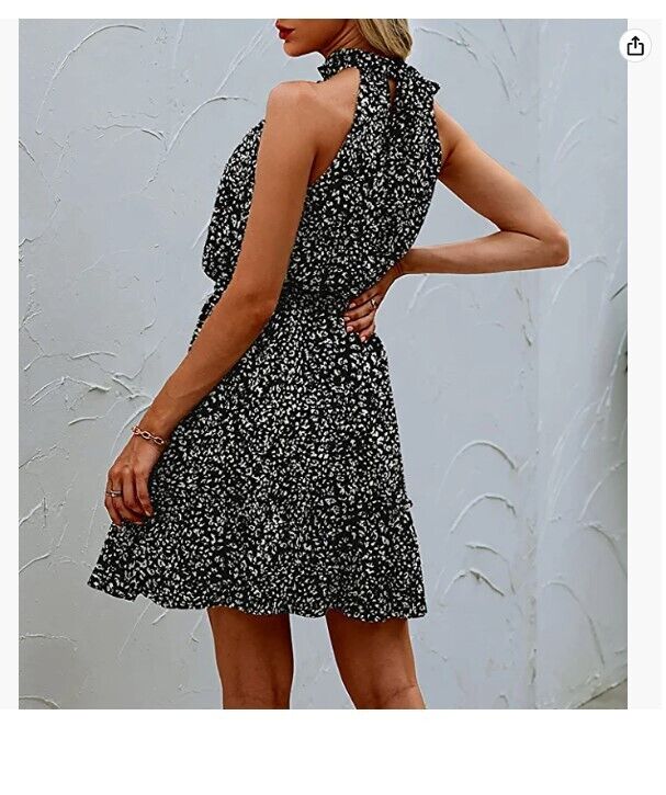 BTFBM Women Floral Sleeveless Halter Neck Ruffle Belt Polka Dot Leopard Dress S
