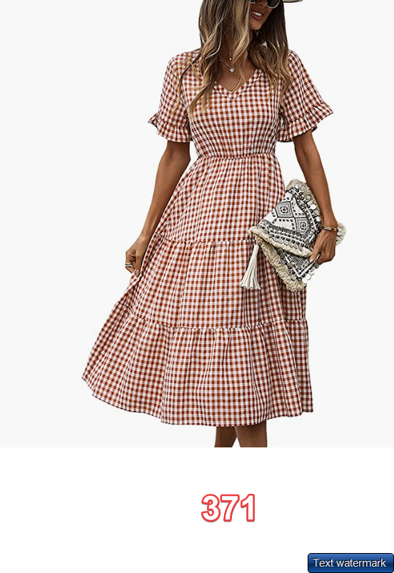 ECOWISH Womens Gingham Dress Midi V Neck Short Sleeve Flowy Swing Plaid Dress M