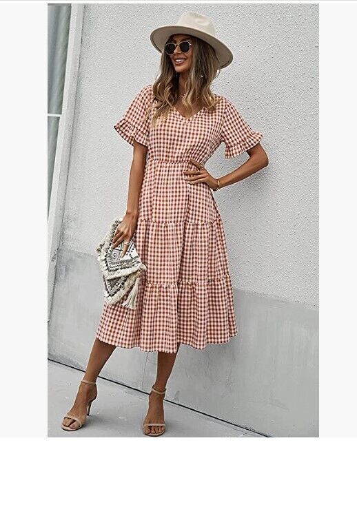 ECOWISH Womens Gingham Dress Midi V Neck Short Sleeve Flowy Swing Plaid Dress M