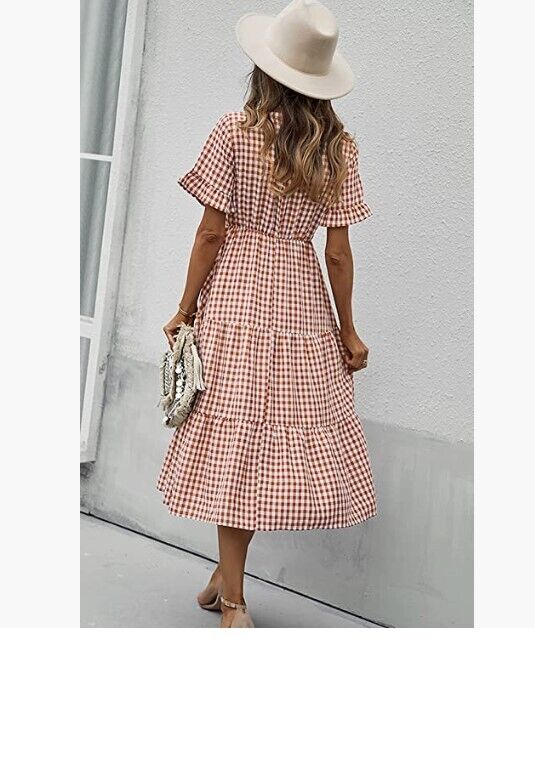 ECOWISH Womens Gingham Dress Midi V Neck Short Sleeve Flowy Swing Plaid Dress M