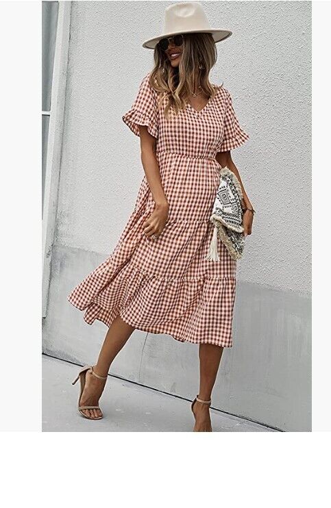 ECOWISH Womens Gingham Dress Midi V Neck Short Sleeve Flowy Swing Plaid Dress M