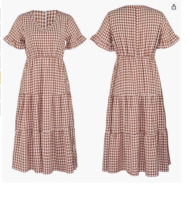ECOWISH Womens Gingham Dress Midi V Neck Short Sleeve Flowy Swing Plaid Dress M