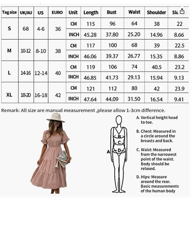 ECOWISH Womens Gingham Dress Midi V Neck Short Sleeve Flowy Swing Plaid Dress M