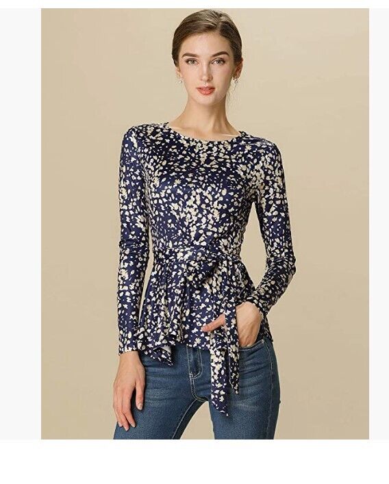 Allegra K Women's Floral Long Sleeve Asymmetrical Ruffle Belted Flare Peplum Top
