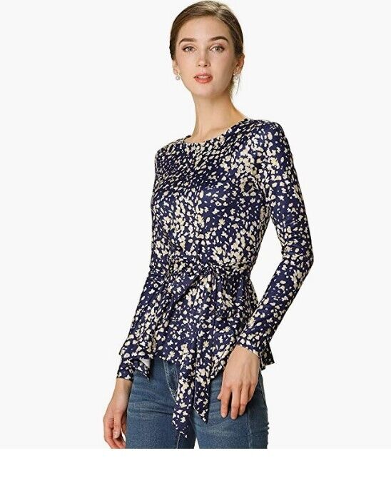 Allegra K Women's Floral Long Sleeve Asymmetrical Ruffle Belted Flare Peplum Top