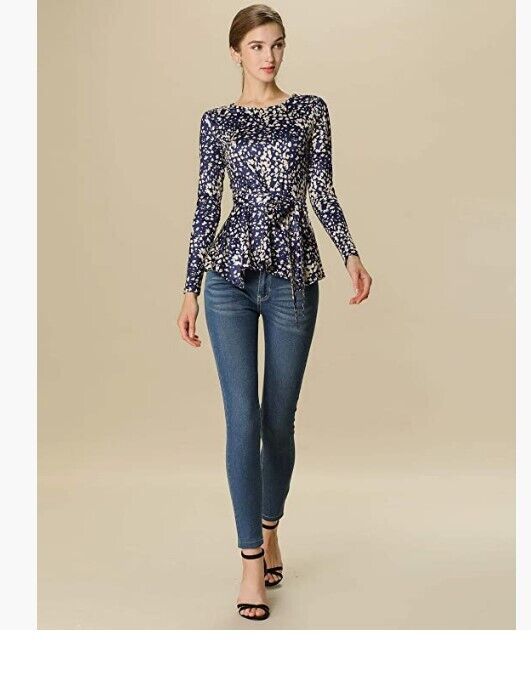 Allegra K Women's Floral Long Sleeve Asymmetrical Ruffle Belted Flare Peplum Top
