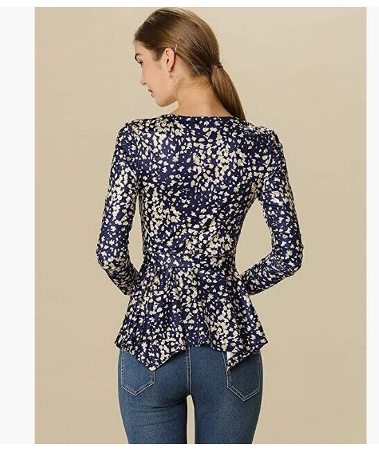 Allegra K Women's Floral Long Sleeve Asymmetrical Ruffle Belted Flare Peplum Top