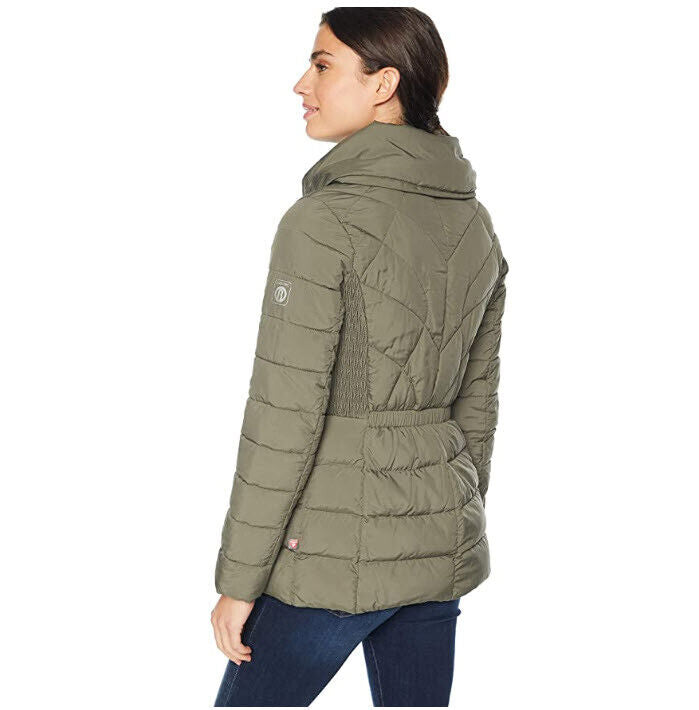 Bernardo Women's Packable Zip Puffer Jacket with Pillow Collar, Concrete/Snow S