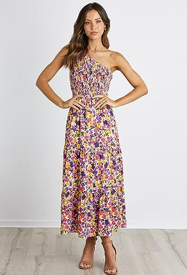 BTFBM Women One Shoulder Sleeveless Summer Dresses 2023 Smocked Beach Maxi Dress