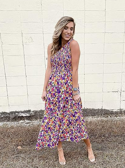 BTFBM Women One Shoulder Sleeveless Summer Dresses 2023 Smocked Beach Maxi Dress