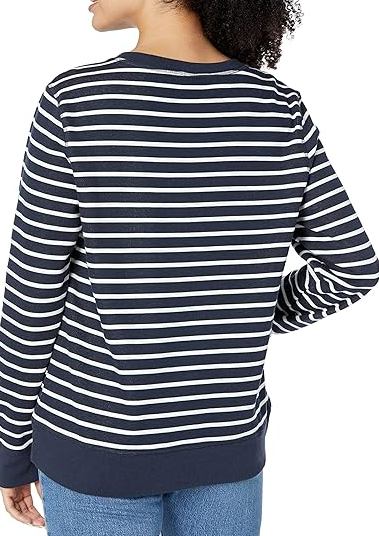 Amazon Essentials Women's Fleece Crewneck Sweatshirt Navy/White L