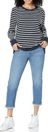 Amazon Essentials Women's Fleece Crewneck Sweatshirt Navy/White L