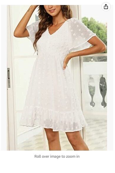 Zattcas Women Smocked Flutter Sleeve V Neck Ruffle Mini Swiss Dot Babydoll Dress