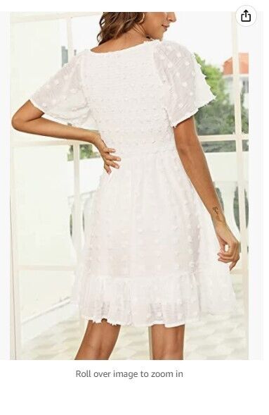 Zattcas Women Smocked Flutter Sleeve V Neck Ruffle Mini Swiss Dot Babydoll Dress