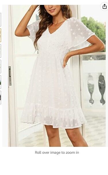 Zattcas Women Smocked Flutter Sleeve V Neck Ruffle Mini Swiss Dot Babydoll Dress