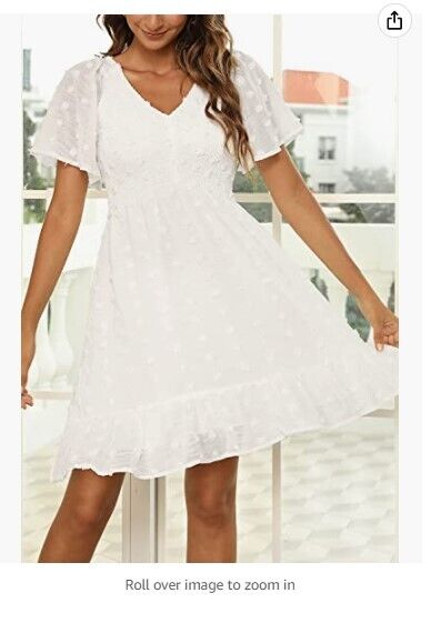 Zattcas Women Smocked Flutter Sleeve V Neck Ruffle Mini Swiss Dot Babydoll Dress