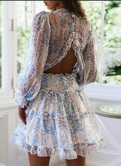 Dokotoo Womens 2023 Deep V Neck Ruffle Long Sleeve Floral Print Mini Dress S