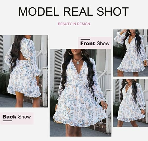 Dokotoo Womens 2023 Deep V Neck Ruffle Long Sleeve Floral Print Mini Dress S