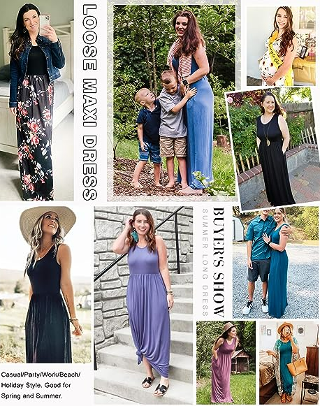 AUSELILY Women's Summer Sleeveless Loose Maxi Dress Long Dress with Pockets S