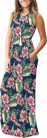AUSELILY Women's Summer Sleeveless Loose Maxi Dress Long Dress with Pockets S