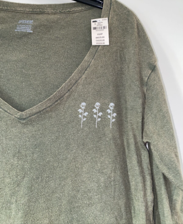 Victoria's Secret PINK Long Sleeve Sleep Crop Top Shirt Olive XS Chest Flowers