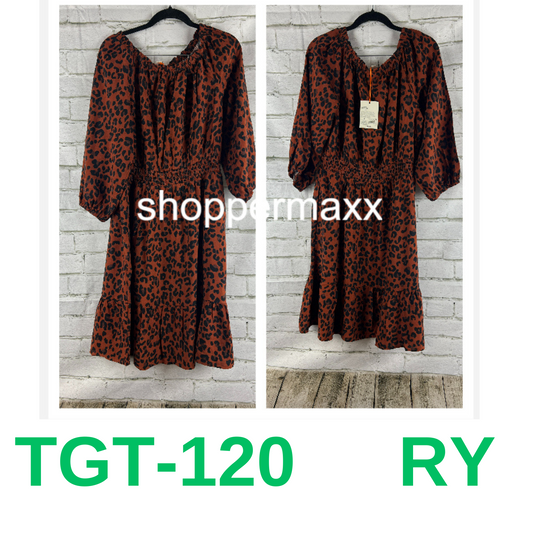 Women's Long Sleeve Smocked A-Line Dress - Knox Rose Dark Brown Leopard Print, S