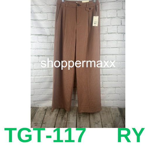 Women's High-Rise Relaxed Fit Full Length Baggy Wide Leg Trousers -Brown Plaid,6