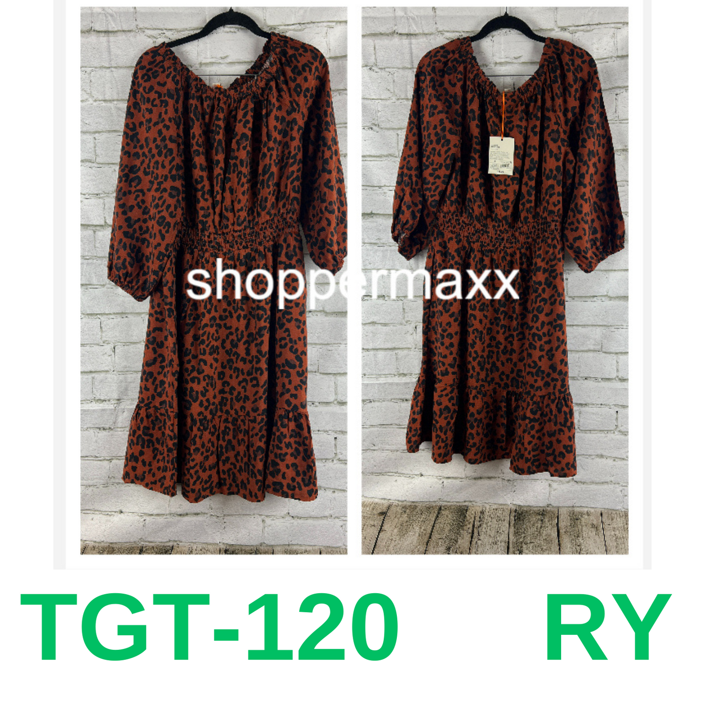 Women's Long Sleeve Smocked A-Line Dress - Knox Rose Dark Brown Leopard Print,XS