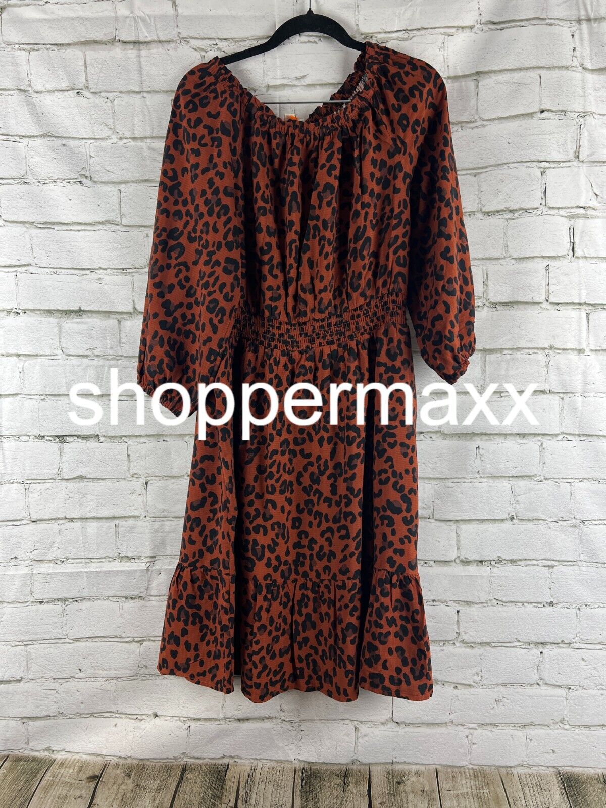 Women's Long Sleeve Smocked A-Line Dress - Knox Rose Dark Brown Leopard Print,XS