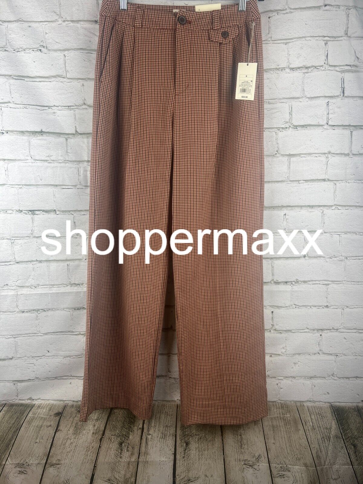 Women's High-Rise Relaxed Fit Full Length Baggy Wide Leg Trousers -Brown Plaid,6