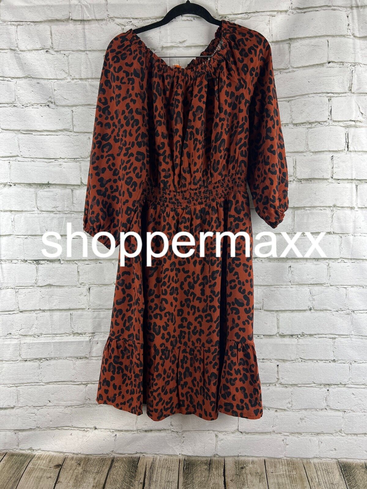 Women's Long Sleeve Smocked A-Line Dress - Knox Rose Dark Brown Leopard Print,XS