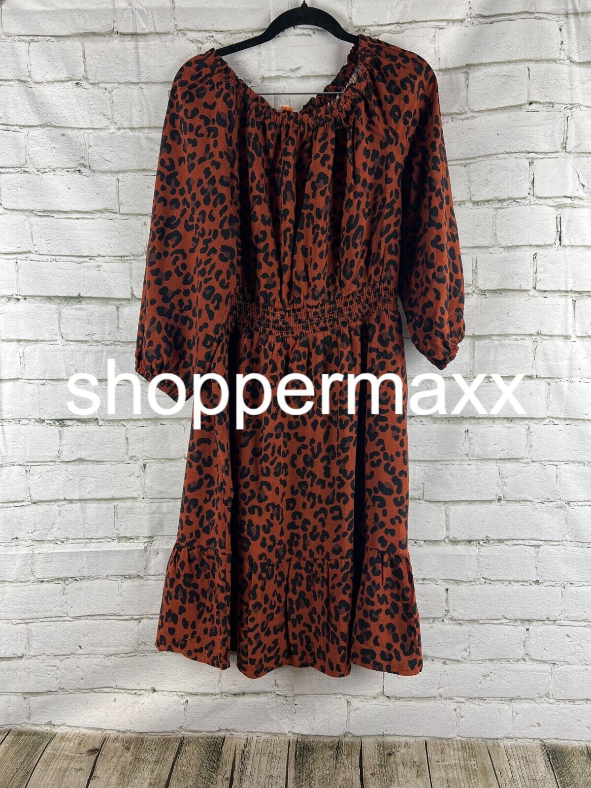 Women's Long Sleeve Smocked A-Line Dress - Knox Rose Dark Brown Leopard Print, S