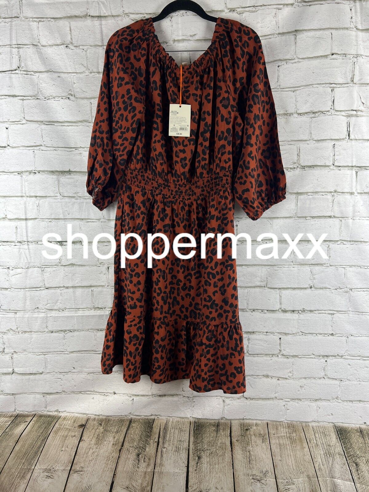 Women's Long Sleeve Smocked A-Line Dress - Knox Rose Dark Brown Leopard Print, S