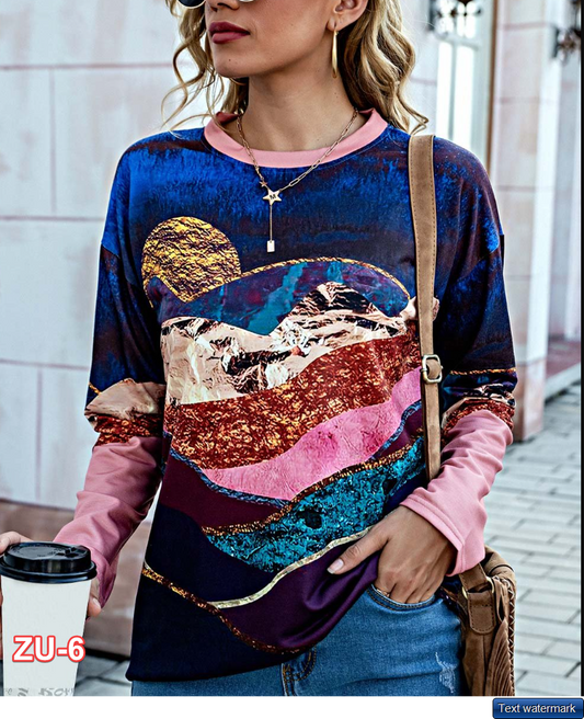 Camisa | Blue & Pink Abstract Long-Sleeve Top - Women XXL