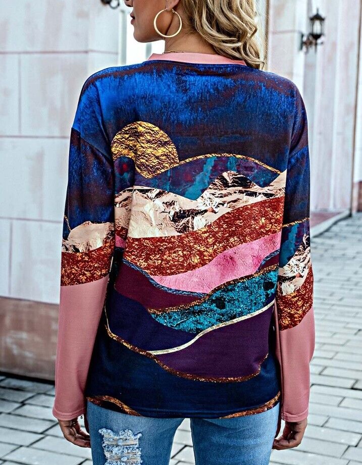 Camisa | Blue & Pink Abstract Long-Sleeve Top - Women XXL