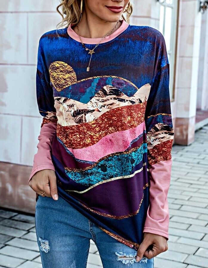 Camisa | Blue & Pink Abstract Long-Sleeve Top - Women XXL