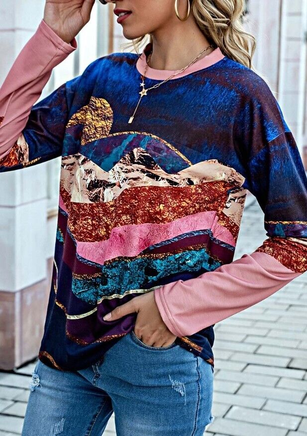 Camisa | Blue & Pink Abstract Long-Sleeve Top - Women XXL