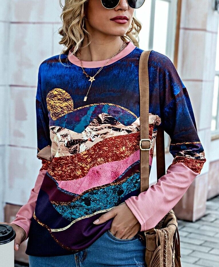 Camisa | Blue & Pink Abstract Long-Sleeve Top - Women XXL