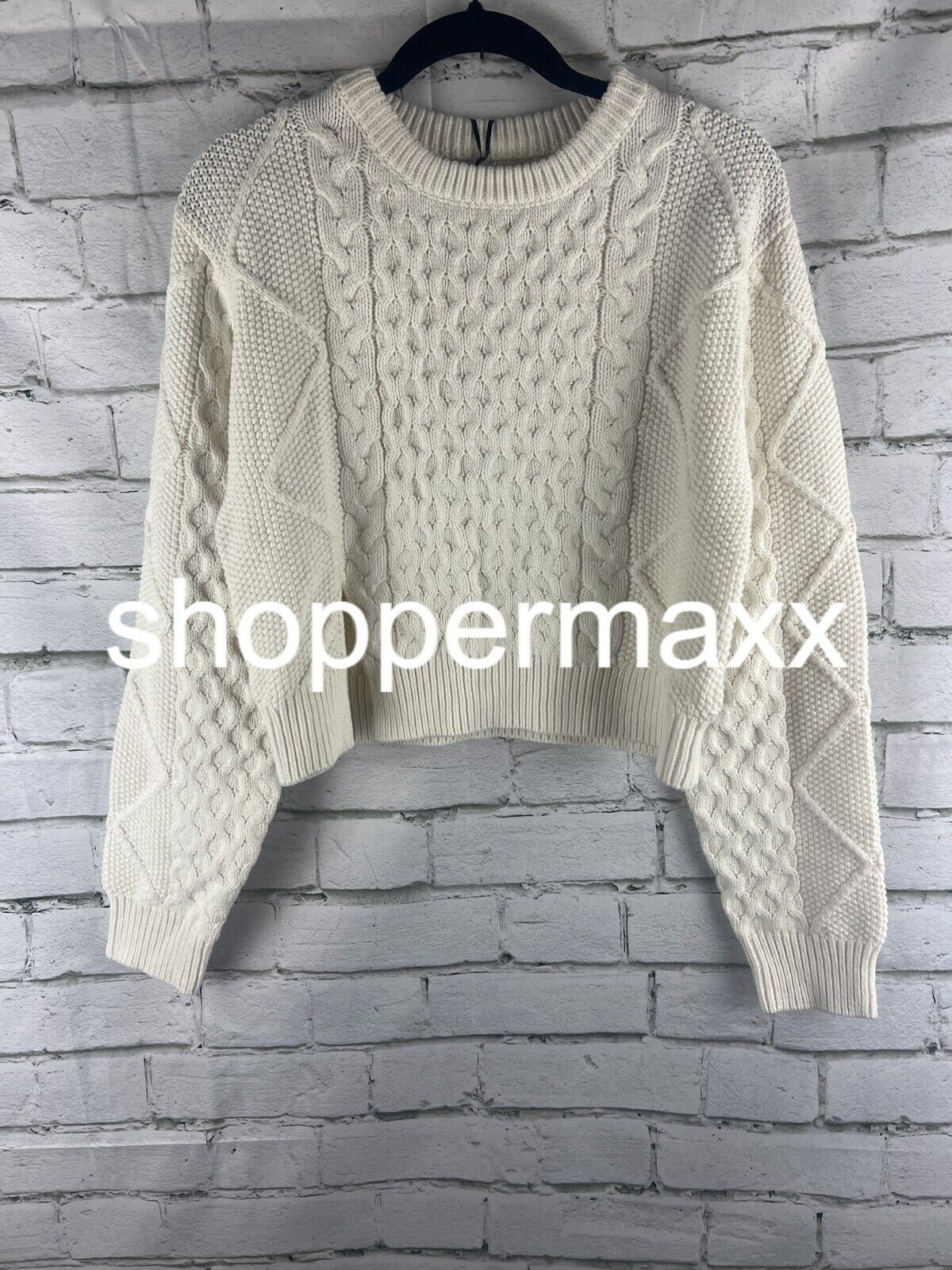 Women'sCropped Cable Knit Crewneck Sweater -Future Collective with Reese,Ivory,M
