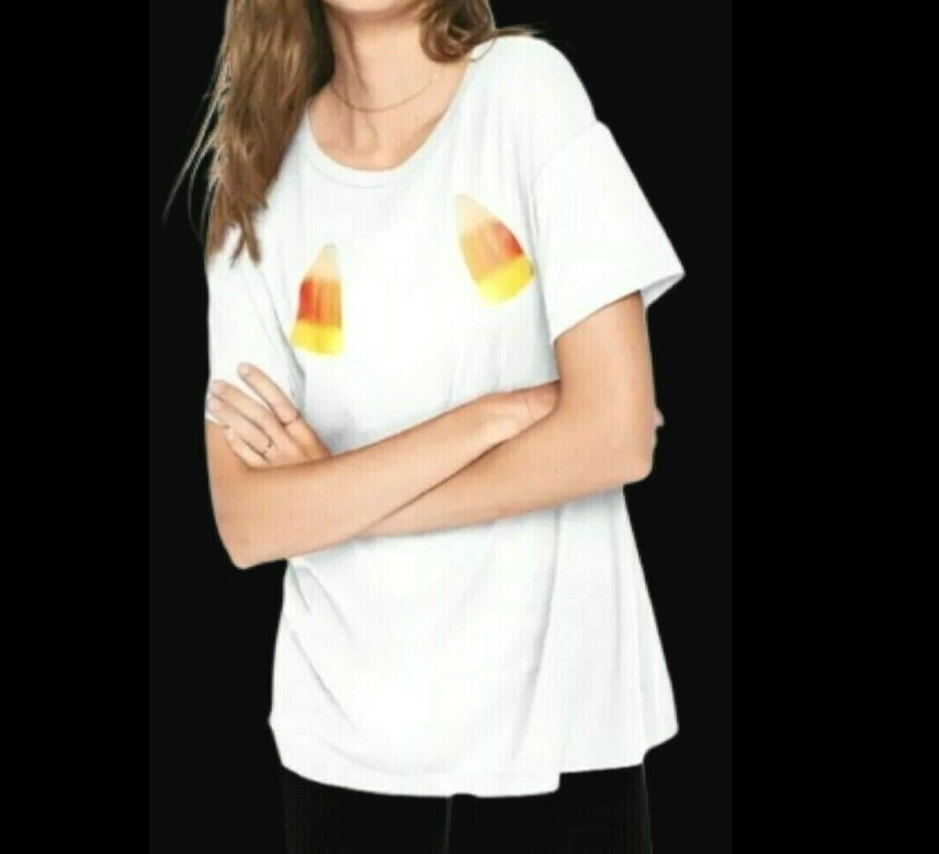 Victorias Secret PINK Perfect Crew Neck Short Sleeve T-Shirt Candy Corn XS WHT