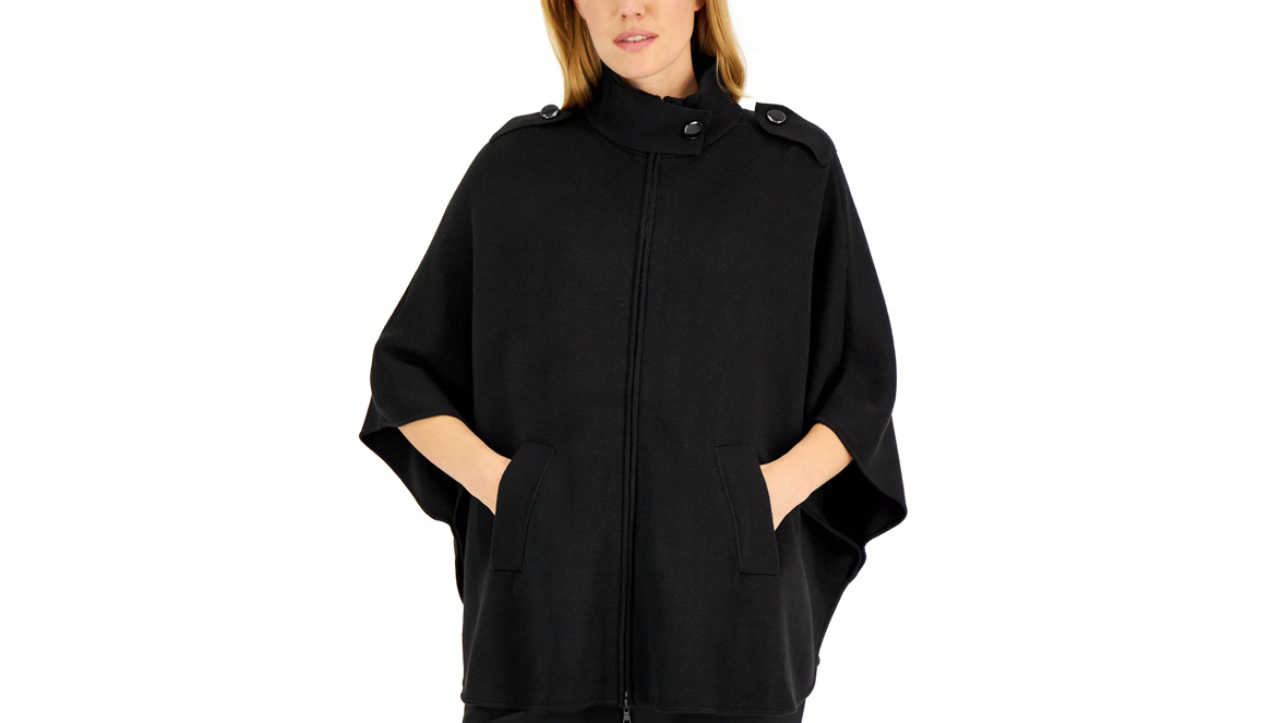 Anne Klein Women's Zip Front Capelet with Buttons, Asphalt, L/XL