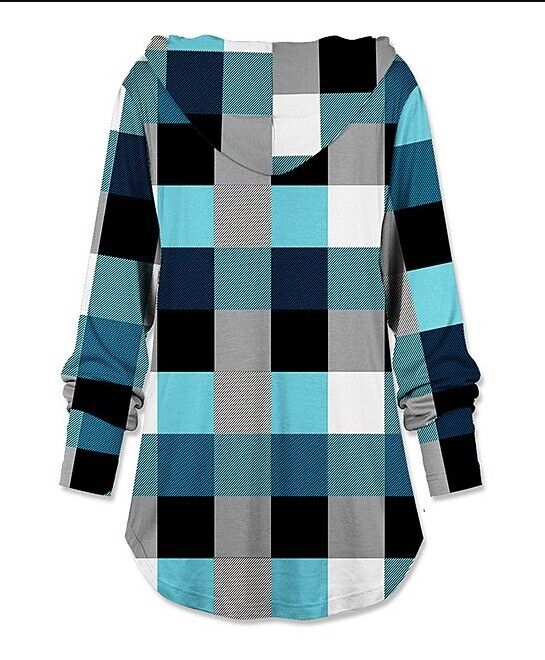 UDEAR | Blue & Gray Plaid Knit Button-Accent Hooded Cardigan - Women Small