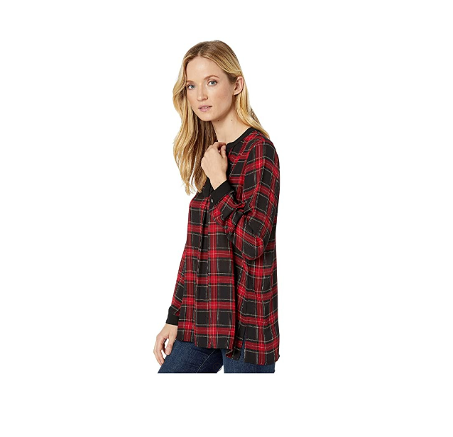 Vince Camuto Long Sleeve Elegant Tartan Henley Tunic Rich Black SMALL $89
